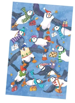 Christmas Party Puffins Tea Towel