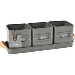 Set of 3 Herb Pots in a Leather Handled Tray - Grey