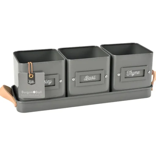 Set of 3 Herb Pots in a Leather Handled Tray - Grey